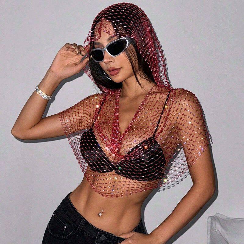 Cross-Border New European and American Women's Clothing: Mesh Rhinestone Fishnet Top, Sweet and Spicy Style, Sparkling Rhinestone Hooded Vest