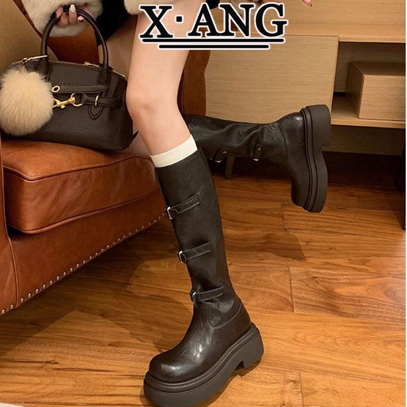 Leather but knee high boots children's long boots autumn new thick heel thick sole height increase small knight boots
