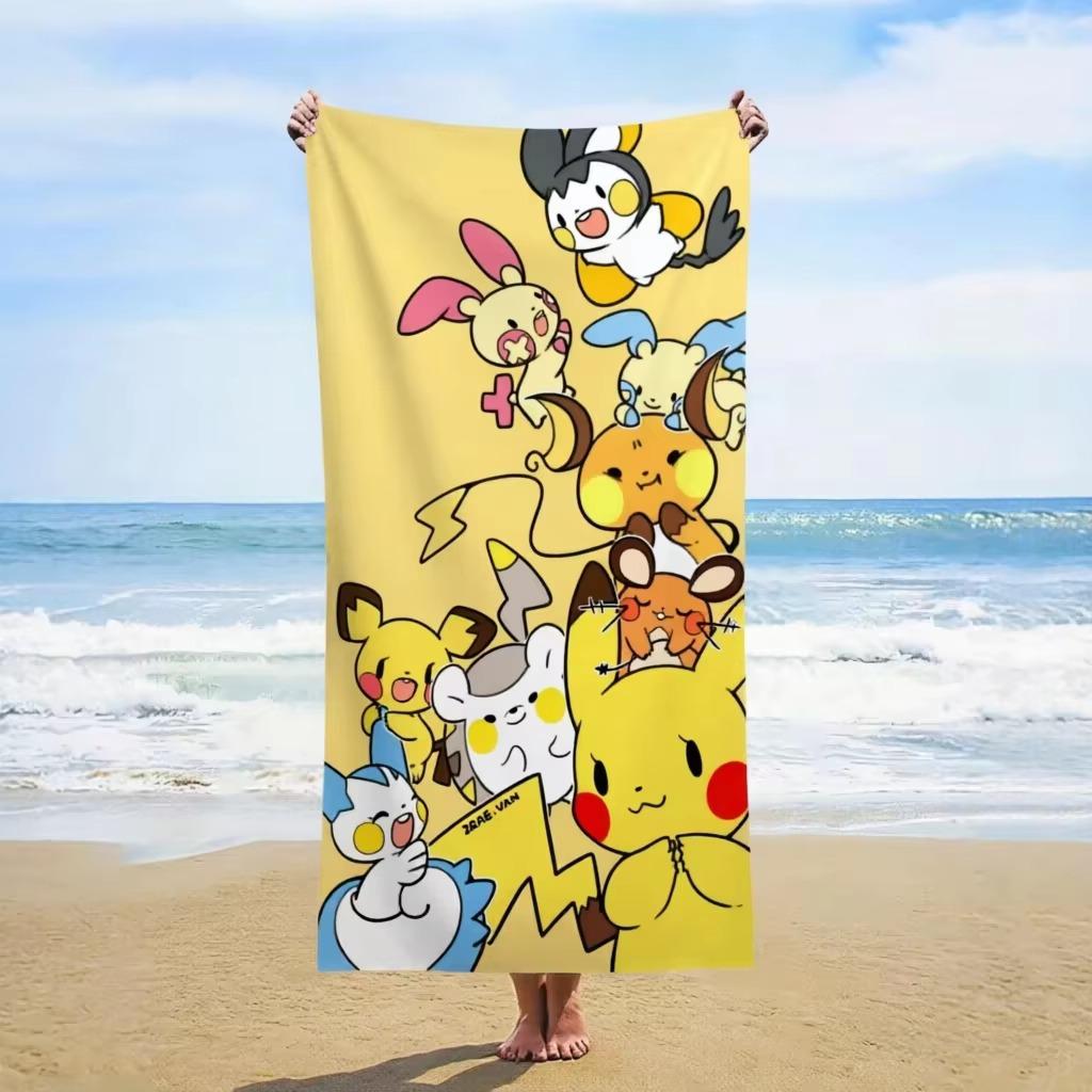 P-Pokmon P-Pikachu Beach Towel, Flat Print Yellow Cute Anime Character Outdoor Pool Party Travel Bath Towel For Kids Fans