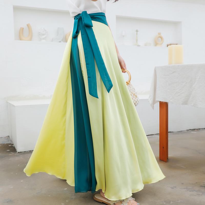 Two-Tone Satin Chiffon Lace-up Dance Midi Skirt for Women