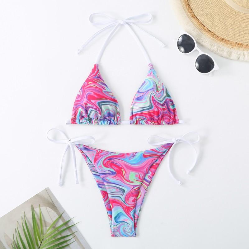 

Bikini Smudge Print Three-point Split Swimsuit Women s Tether Hanging Neck Back Waist M