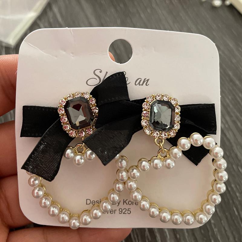 Black Bow Square  Earrings Women Elegant Pearl Heart Jewelry Gifts