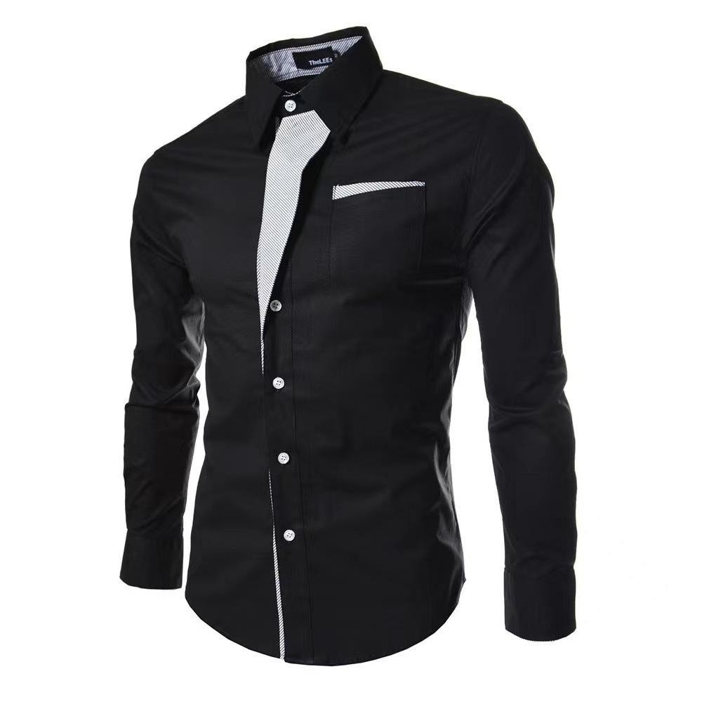 Men Slim Fit Long Sleeve Button Down Dress Shirt Contrast Detail Pocket Formal Business Wedding Shirt