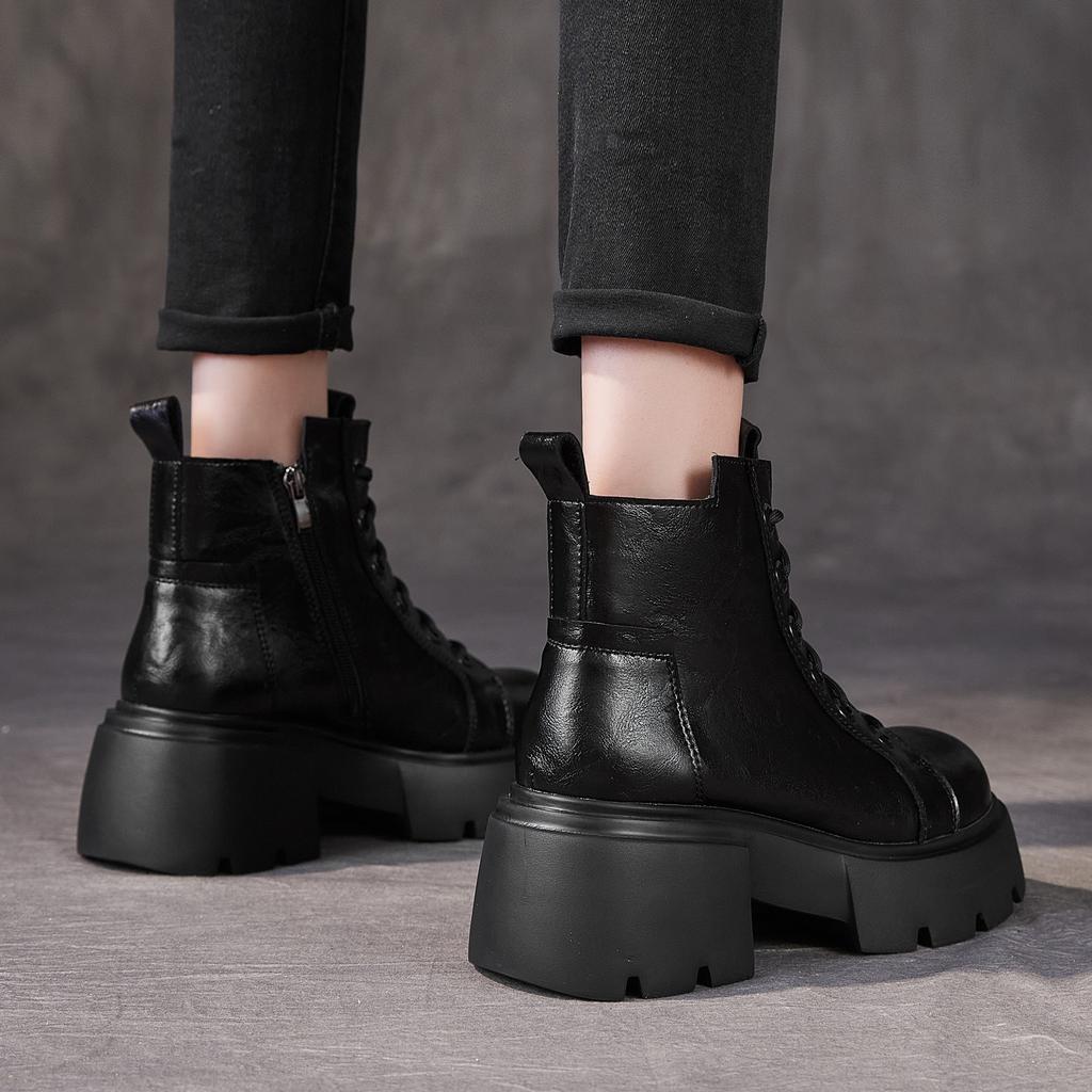 Autumn and Winter New Small Height Increase Medium Tube Trendy Women's Boots Thick Heel Cotton Martin Boots Women's Leather