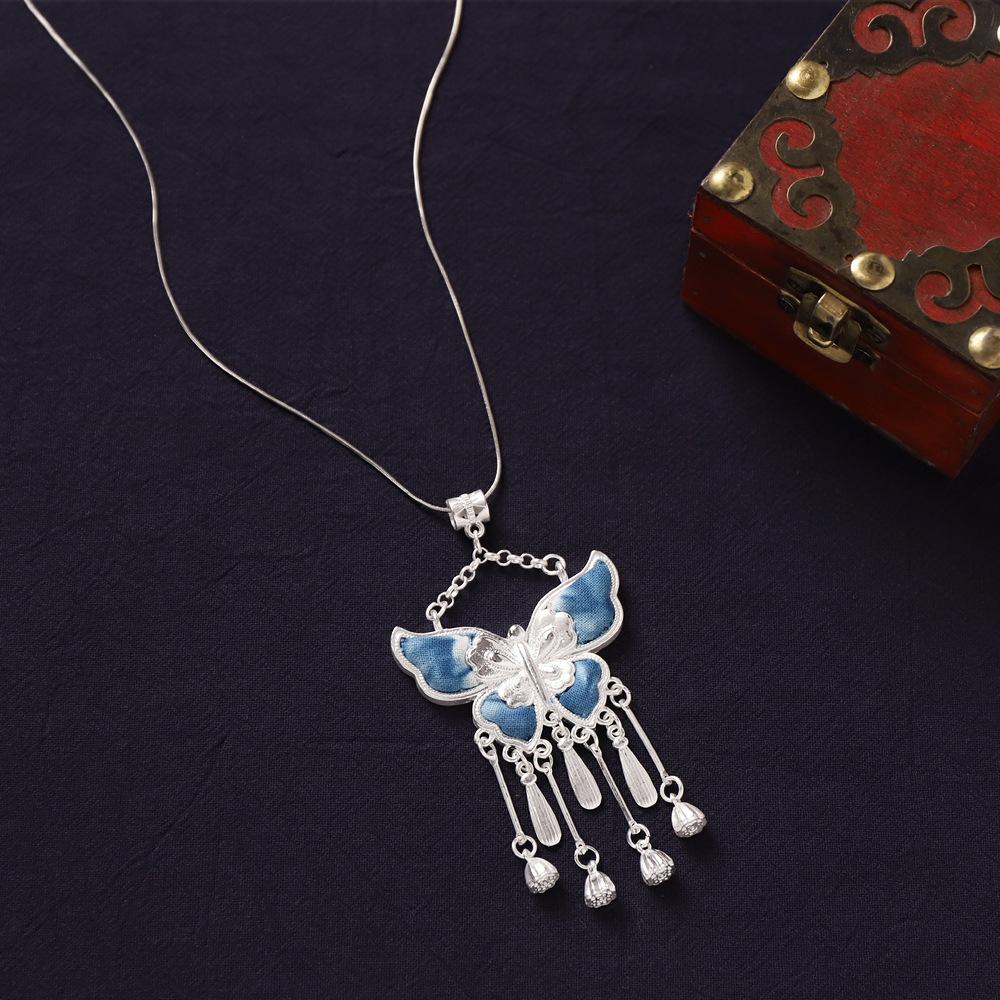 Ethnic style handmade necklace, vintage butterfly pendant, Chinese-style sweater chain