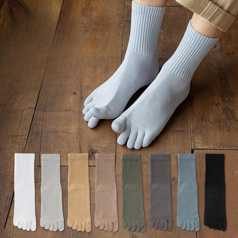 Men's Spring Five-finger Socks, Anti-pilling Boneless Sewn Mid-calf Socks, High-top Toe Split Socks, Cotton Socks
