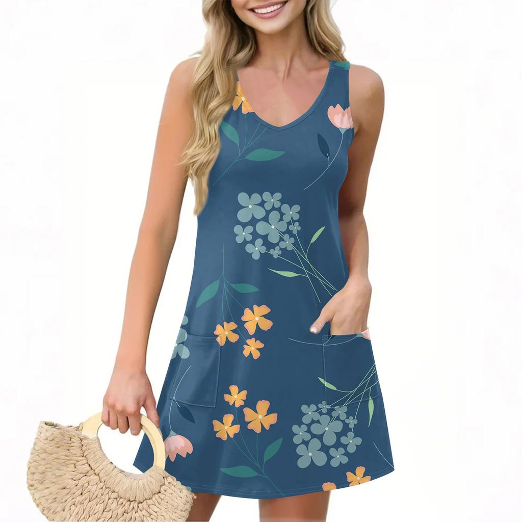 Women's Casual Summer Vest Dress With Pockets Floral Print V Neck Sleeveless Dress