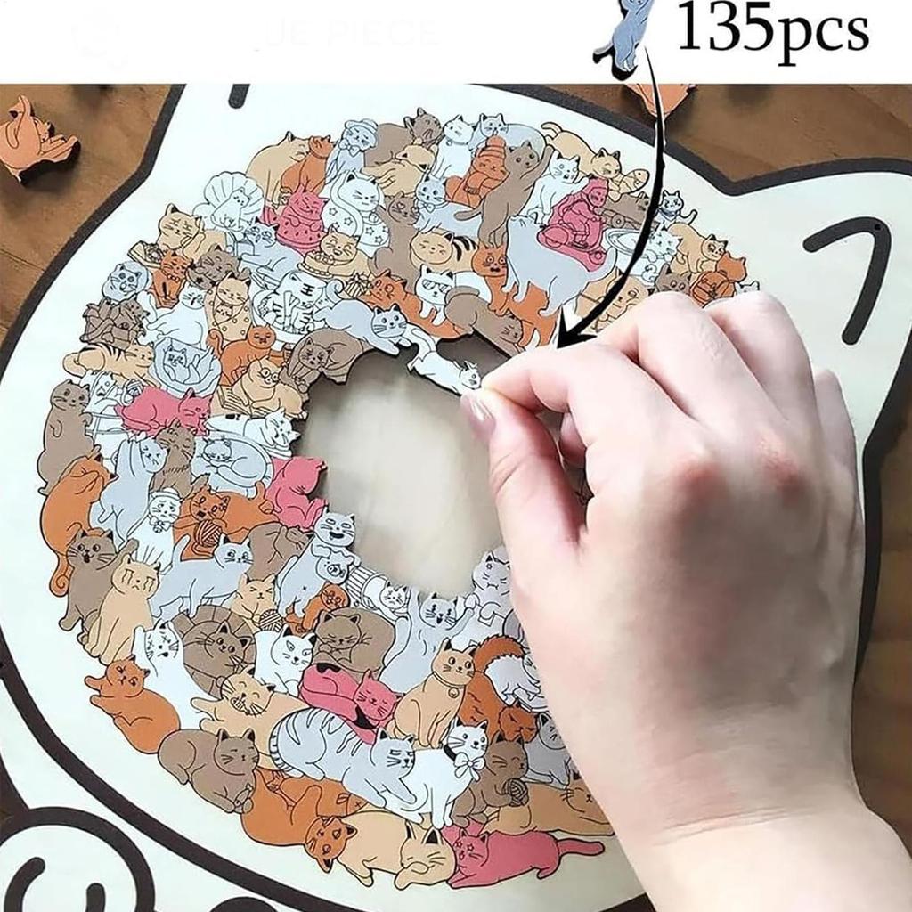135PC Cute 3D Cat Design Wooden Jigsaw Puzzles Wooden Cat-shaped Jigsaw Puzzles Home Decoration Ornament Birthday Gift For Kids
