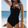 Schwarzer V-Ausschnitt Badeanzug für Damen - Raffung Bauchkontrolle Strandmode