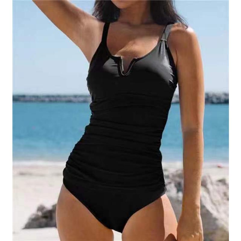 Schwarzer V-Ausschnitt Badeanzug für Damen - Raffung Bauchkontrolle Strandmode