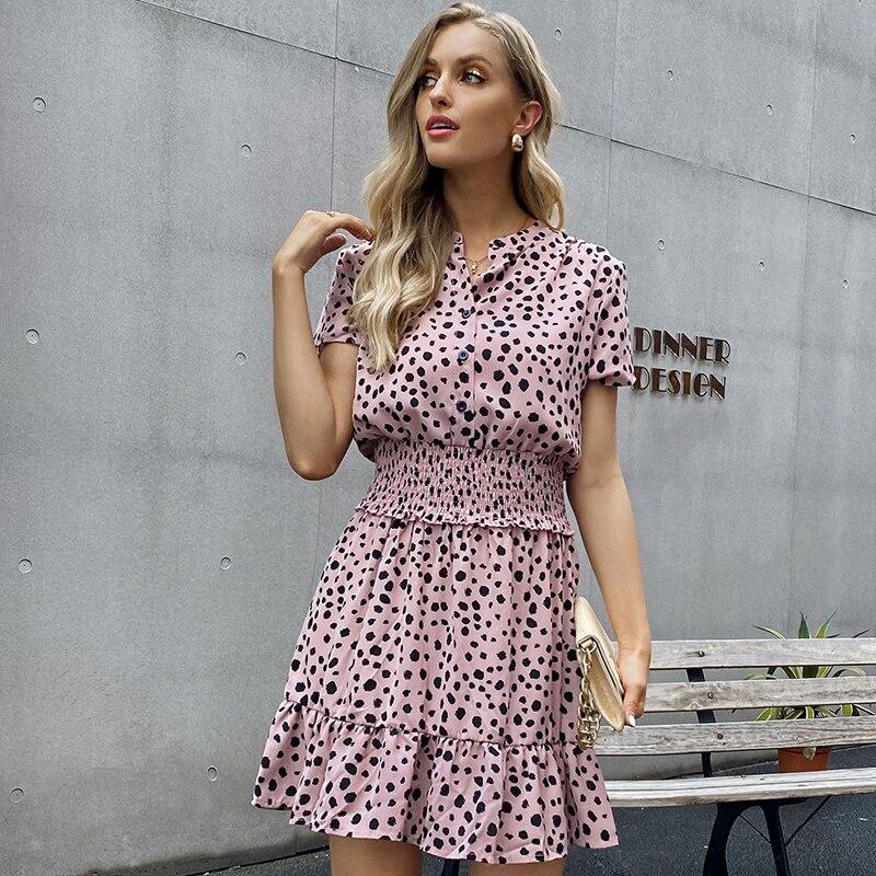 Fashion Slim Dot Printed O-neck Mini Dress Women Sexy Short-sleeved Elastic Waist Ladies Dress Sweet Pink A-line  Robe 26508