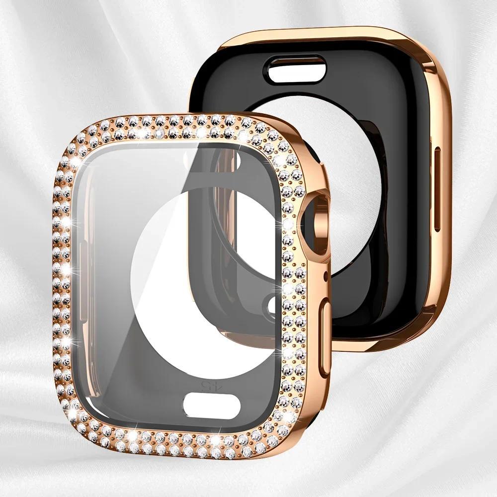 Diamant-Stoßfänger + Displayschutz für Apple Watch Hülle 44 45 41 40 42 46 Bling-Glas + Abdeckung für Iwatch S11 10 9 8 7 6 5 SE