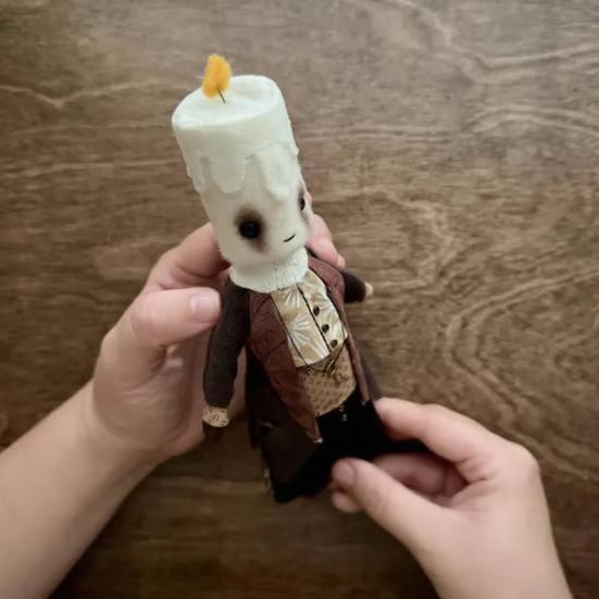 Spooky Candle Head Doll with Vintage Clothing LED Flickering Flame Unique Collectible Art Doll Gothic Halloween Decor Gift