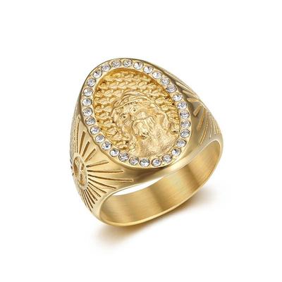 Religious Iced Out Jesus Head Ring Male Gold Color Stinless Steel Christian Rings For Men Hip Hop Jewelry Gift
