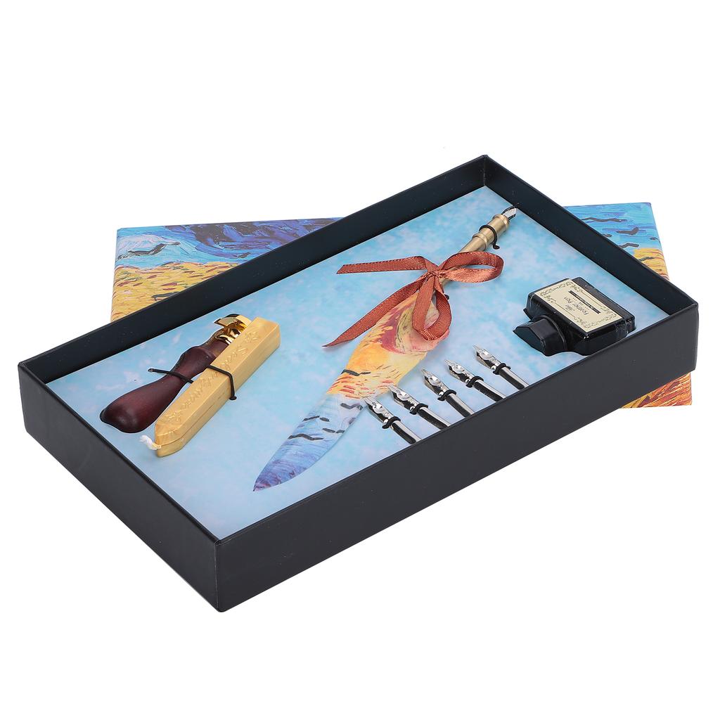 Feather Pen Dip Art Calligraphy Retro Vintage Quill Gift Box Kit with Lacquer Stamp Tool