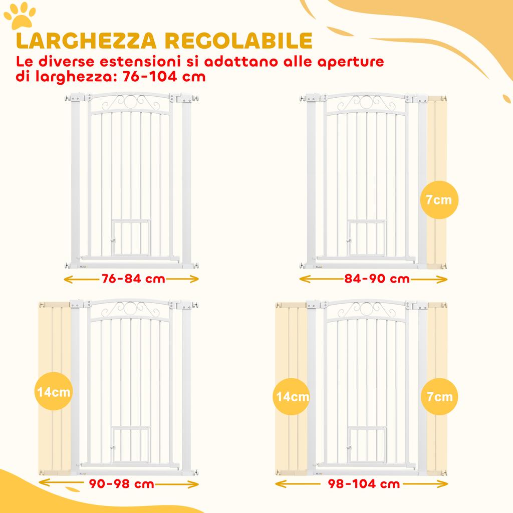 Adjustable Dog Gate with Extensions and Cat Door, 76-104x106cm, White