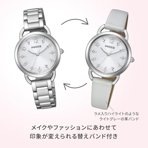 Citizen Wicca Solar Tech Waterproof Watch with Light Gray Interchangeable Strap, 2-Way White, Basic Model KP6-014-11, Women's, Silver