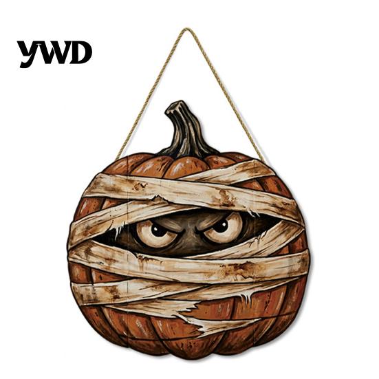 Autumn Theme Room Furnishings Halloween Mummy Pumpkin Hanging Sign, Retro Wooden Pendant with Decorative Party Sign Hemp Rope for Front Door
