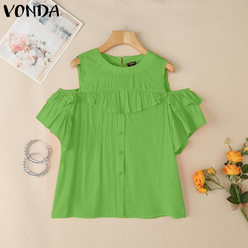 

VONDA Women Summer O-neck Cold Shoulder Ruffled Casual T-shirts 2XL зелений