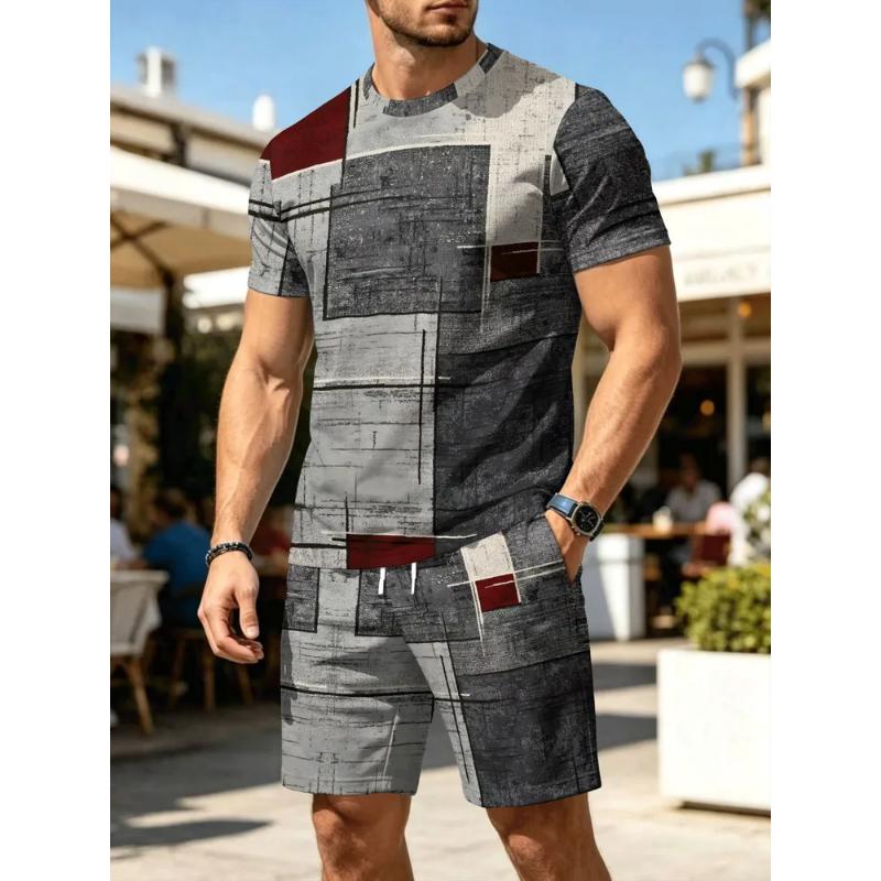 Fashion men's casual suit 3D casual color printing summer T-shirt shorts simple