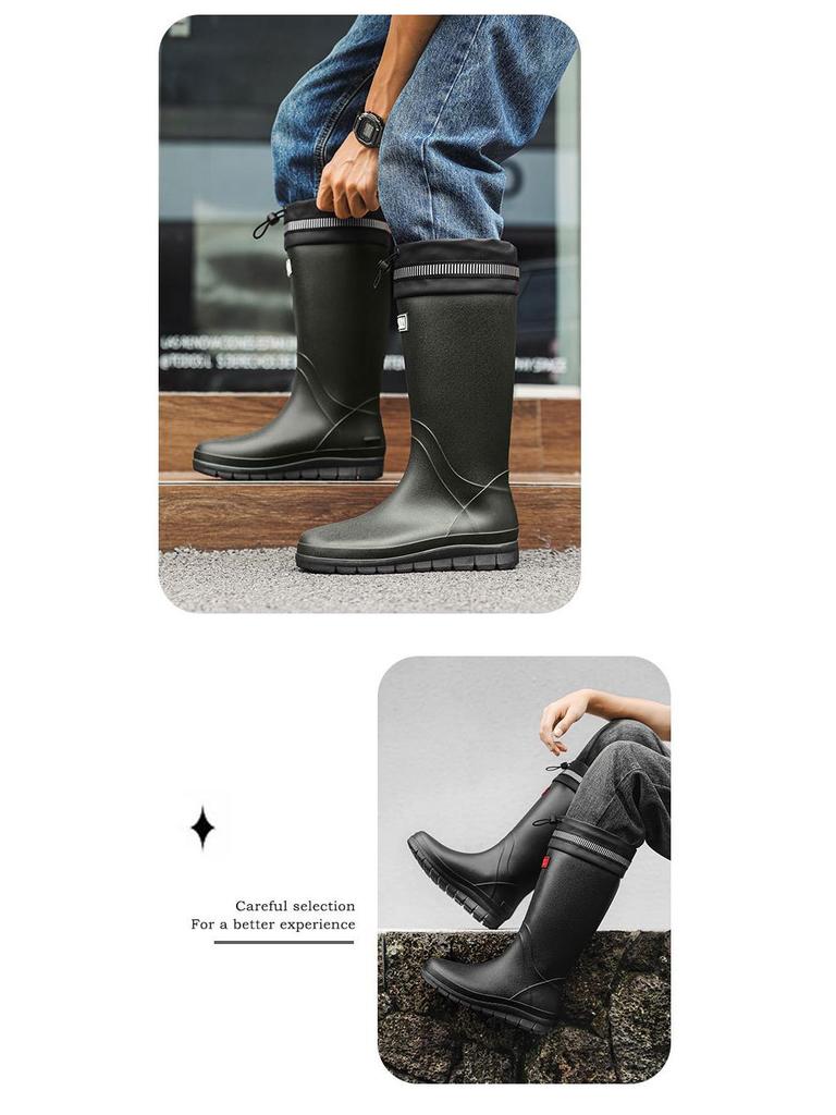 Men's High-Top Waterproof Non-Slip Rain Boots with Drawstring Long Tube Style