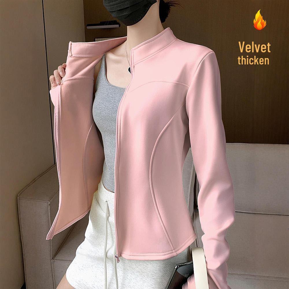 Autumn/Winter Women's Fleece-Lined Yoga Jacket - Korean Style, Slimming Curve Zipper, Stand-Up Collar, Long Sleeve Top