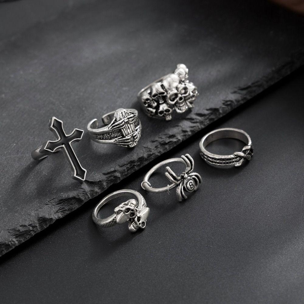 6pcs/Set Korean Style Halloween Ring Set Punk Skeleton Rings Skeleton Skull Rings Set  Street Wear
