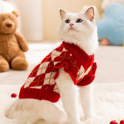 Jesień i Zima Kot Mały Rękaw Motylkowy Bez Sierści Kot Pogrubiony Sweter Dzianinowy Haft Rombowy Sweter z Wiśniami dla Psa Ubrania dla Zwierząt