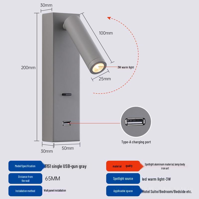 Rotatable Type-C USB Wall Lamp with Switch for Bedroom, Study, or Hotel