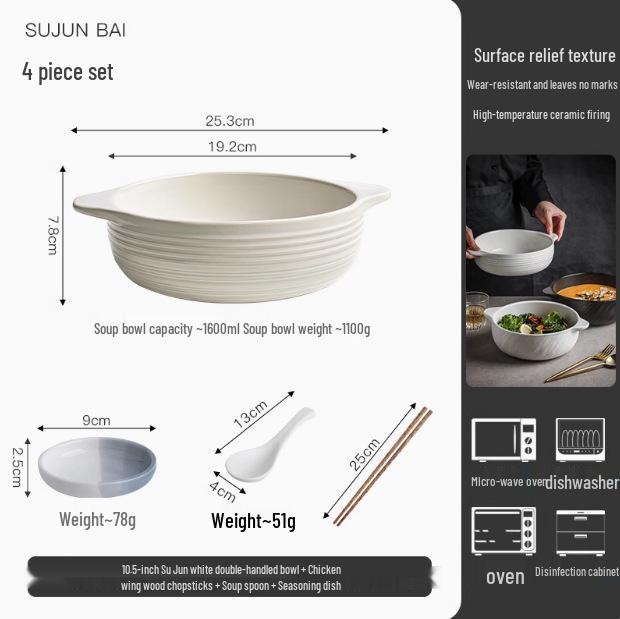 White Double-Ear Ceramic Soup Bowl, Large Noodle/Fish Basin, Anti-Scald, High-End Feel for Home Use