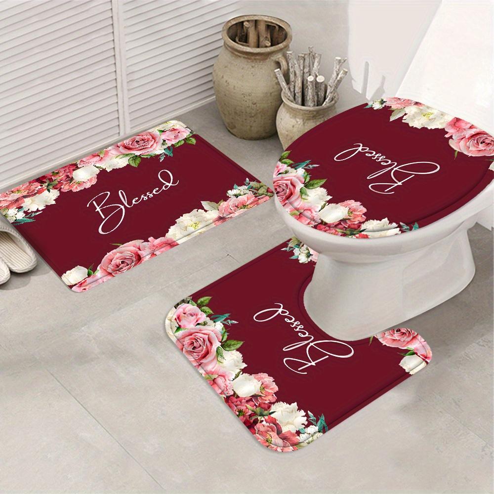 4-teiliges Badezimmer-Duschvorhang-Set Blumen Badezimmervorhang mit 12 Haken Rutschfeste Teppiche Toilettendeckelmatte Badezimmerabtrennung