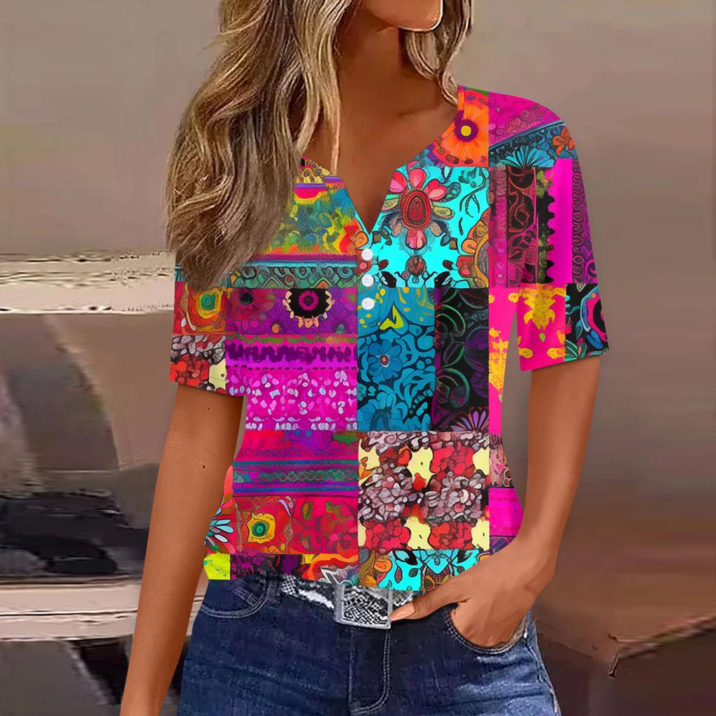 Damen T-Shirt mit Aufdruck und Knopfleiste, kurzärmelig, für den Alltag, Wochenende, modisch, Basic, V-Ausschnitt, normales Oberteil