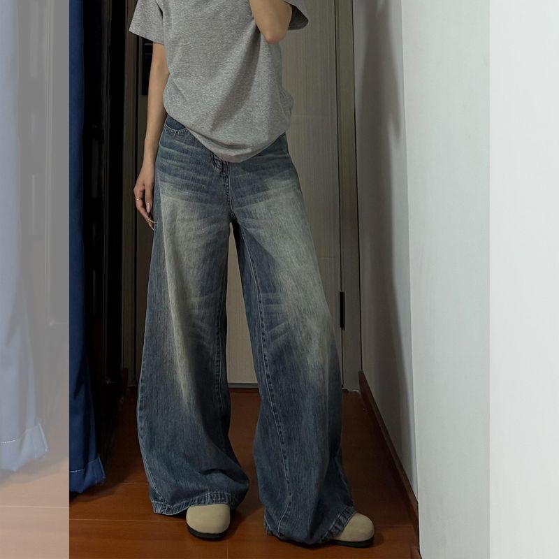

American Retro Washed Wide Leg Denim Women s Popular Little Street High Waist Loose and Slimming Mop Pants This Year Retro blue pants recommend height 155-165cm XL