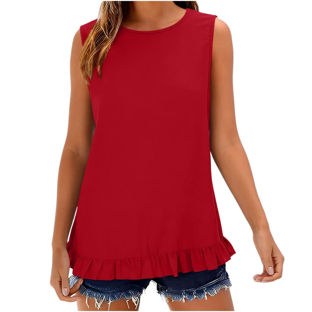 Women's Sleeveless Button Down Shirt Casual Summer Blouse Loose Fit Round Neck Ruffle Hem Lightweight Top