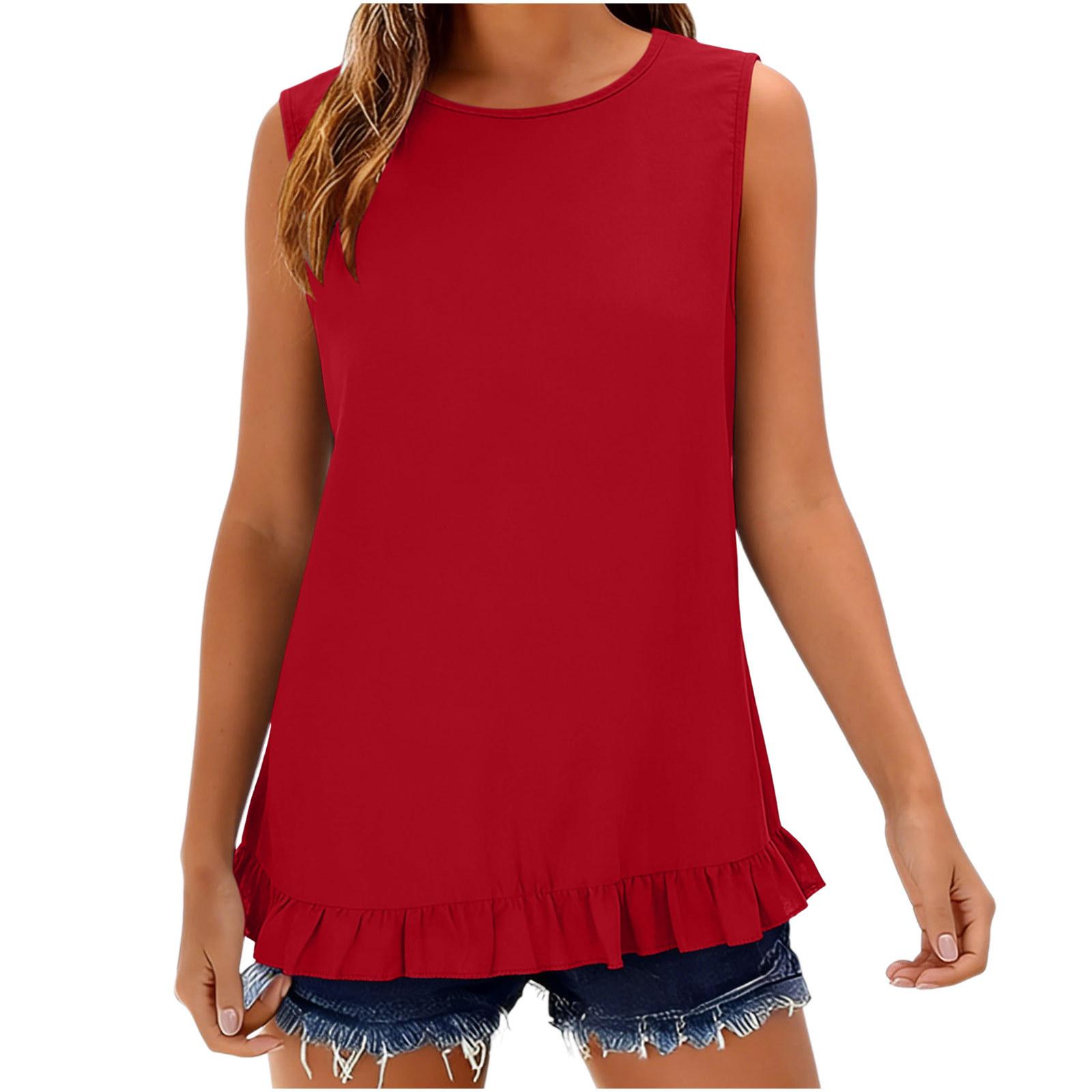 

Women s Sleeveless Button Down Shirt Casual Summer Blouse Loose Fit Round Neck Ruffle Hem Lightweight Top M красный