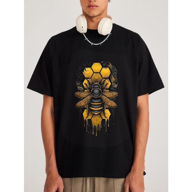 Men's Black T-Shirt Bee Honeycomb Graphic Print Casual Streetwear Fashion Top