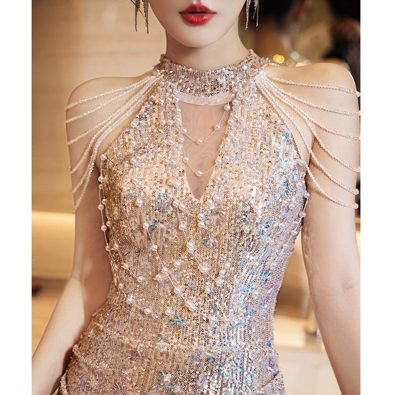 Fishtail Evening Dress Banquet   New Light Luxury Niche Host Annual Meeting Neck Shoulder Fringed Pearl Dress Skirt