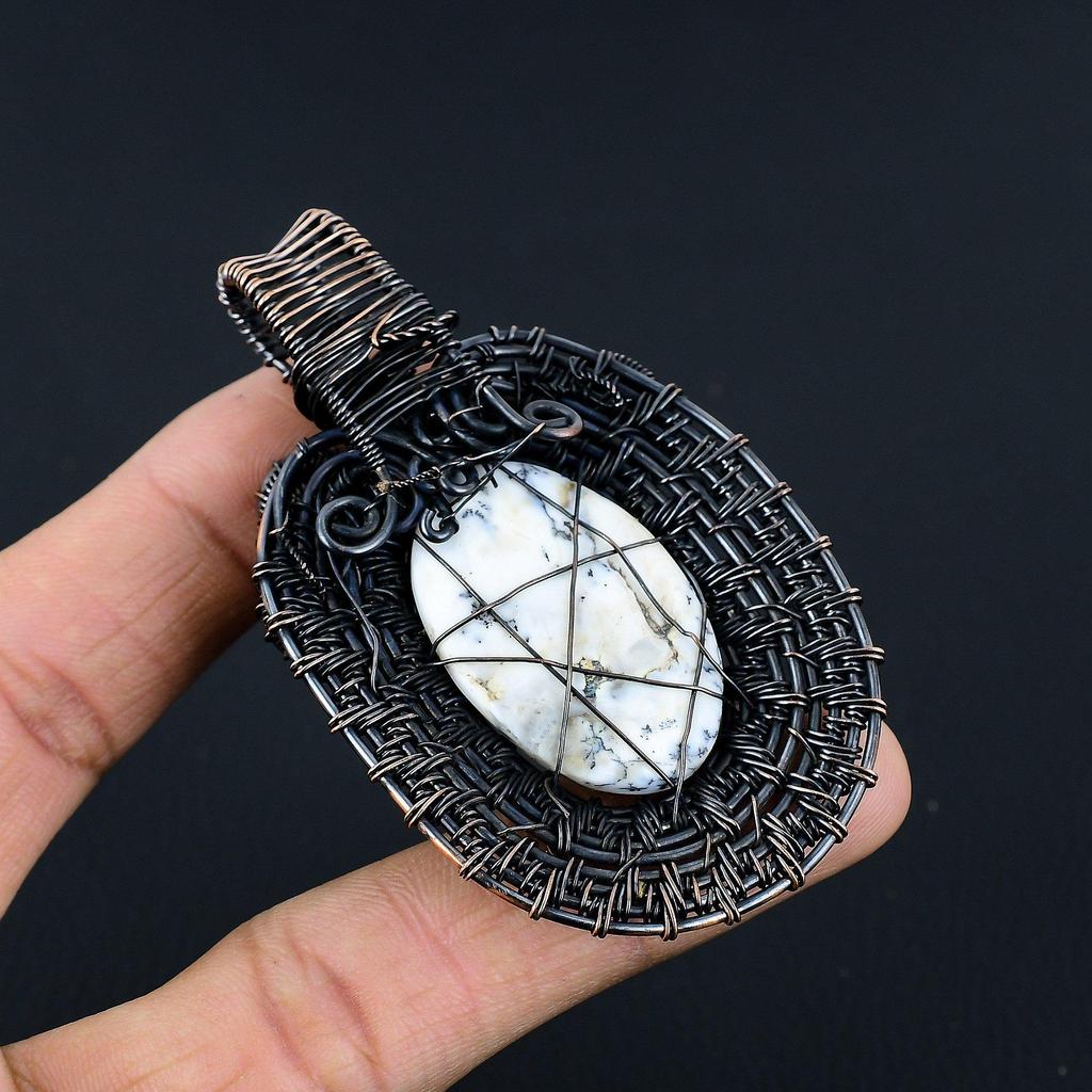 Dendrite Opal 999 Copper Wire Wrapped Pendant, Handmade Gemstone Jewelry Pendant Gift For Birthday