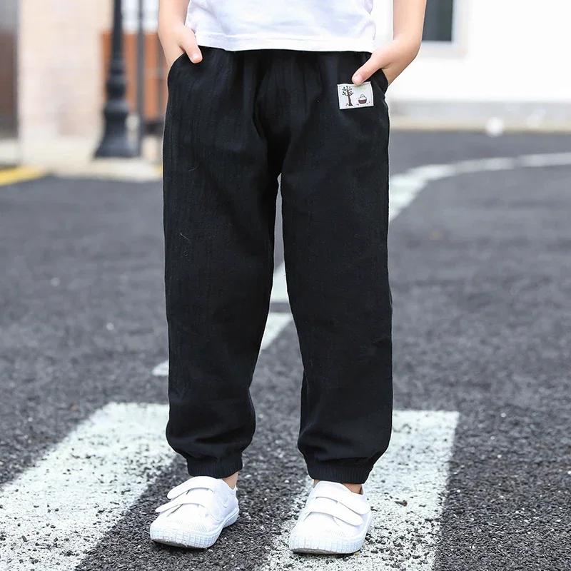 Children Trousers for Boys Girls Cotton Linen Elastic Waist Solid Color Summer Mosquito Pants Kids Clothing Long Pants