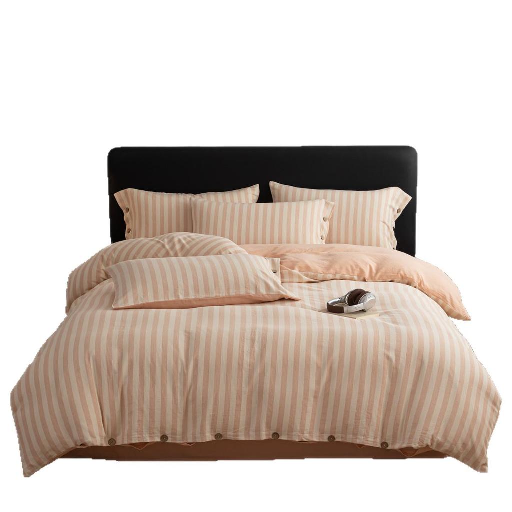 Spring/Summer Premium Cotton and Linen Four-piece Set with Buttoned Duvet Cover in Simple Stripes/Checks