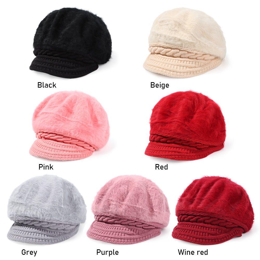 Women Casual Vintage Plush Skullcap Knitted Visor Beret Hat Beanie Hat