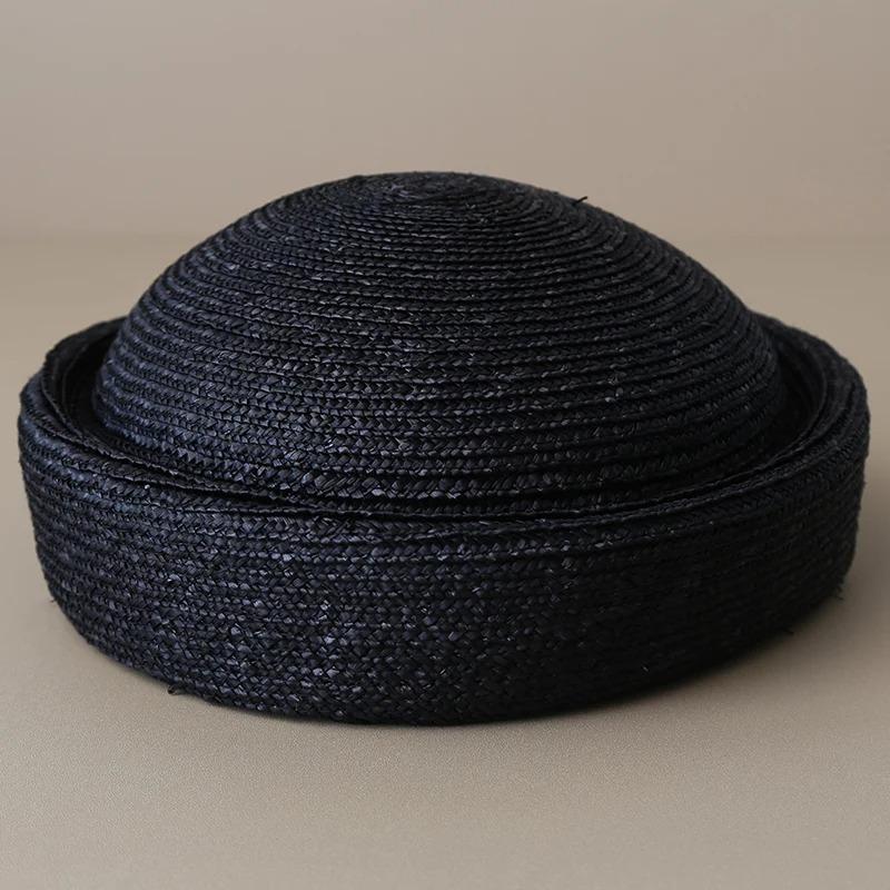 Ins Luxury 100% Natural Straw Berets Women French Hand Woven Sun Hat Concave Shape Flat Top Beach Caps Church Derby Pillbox Hat