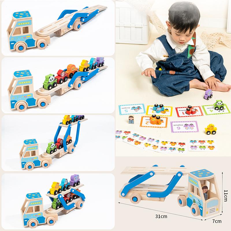 Wooden Double-Decker Truck Toddlers Cars Toys Train Montessori Kindergarten Animal Food Matching Early Educational Game 2-6years