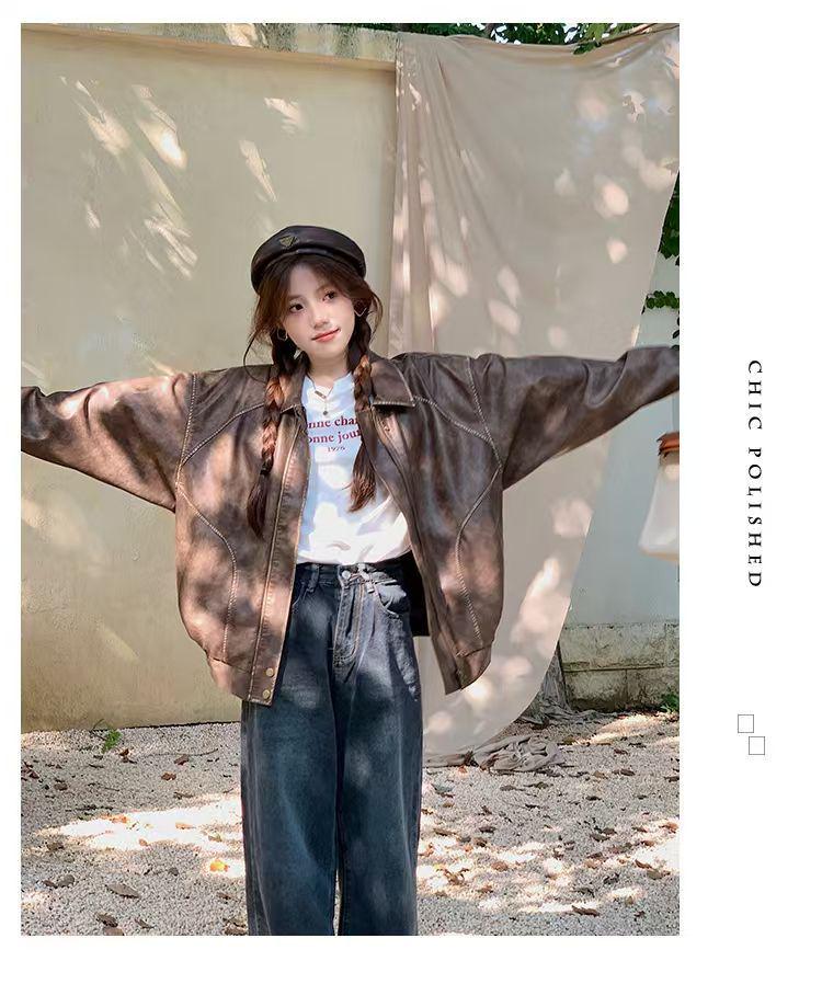 Damen Kleine Braune Lederjacke - 2025 Amerikanischer Retro-Stil mit Gewischtem Farbdesign, Baumwollgefüttert.