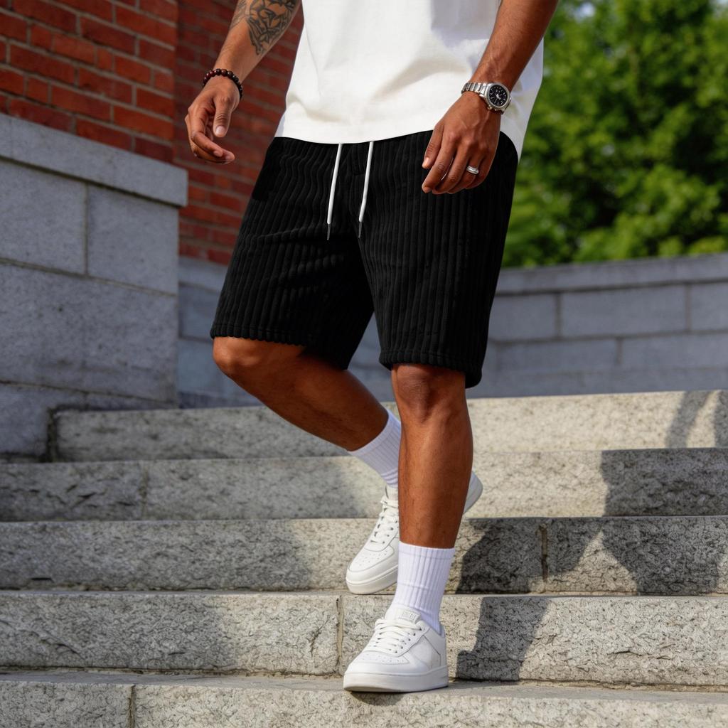 Men’s Corduroy Shorts with Patch Pockets Relaxed Fit Mid Length Elastic Waistband Casual Design