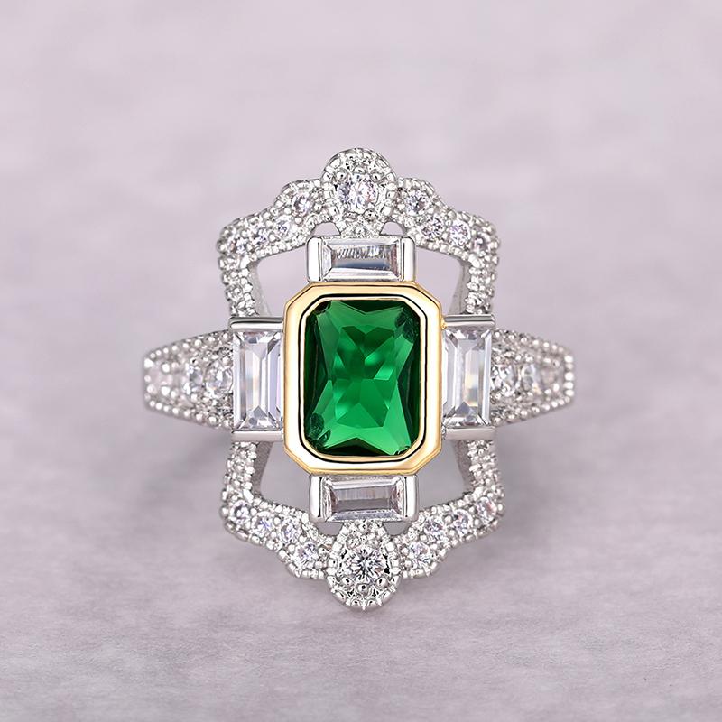 Huitan Vintage Two Tone Green CZ Finger Rings for Women Geometric Shape Hyperbole Rings Anniversary Party Retro  Dropship