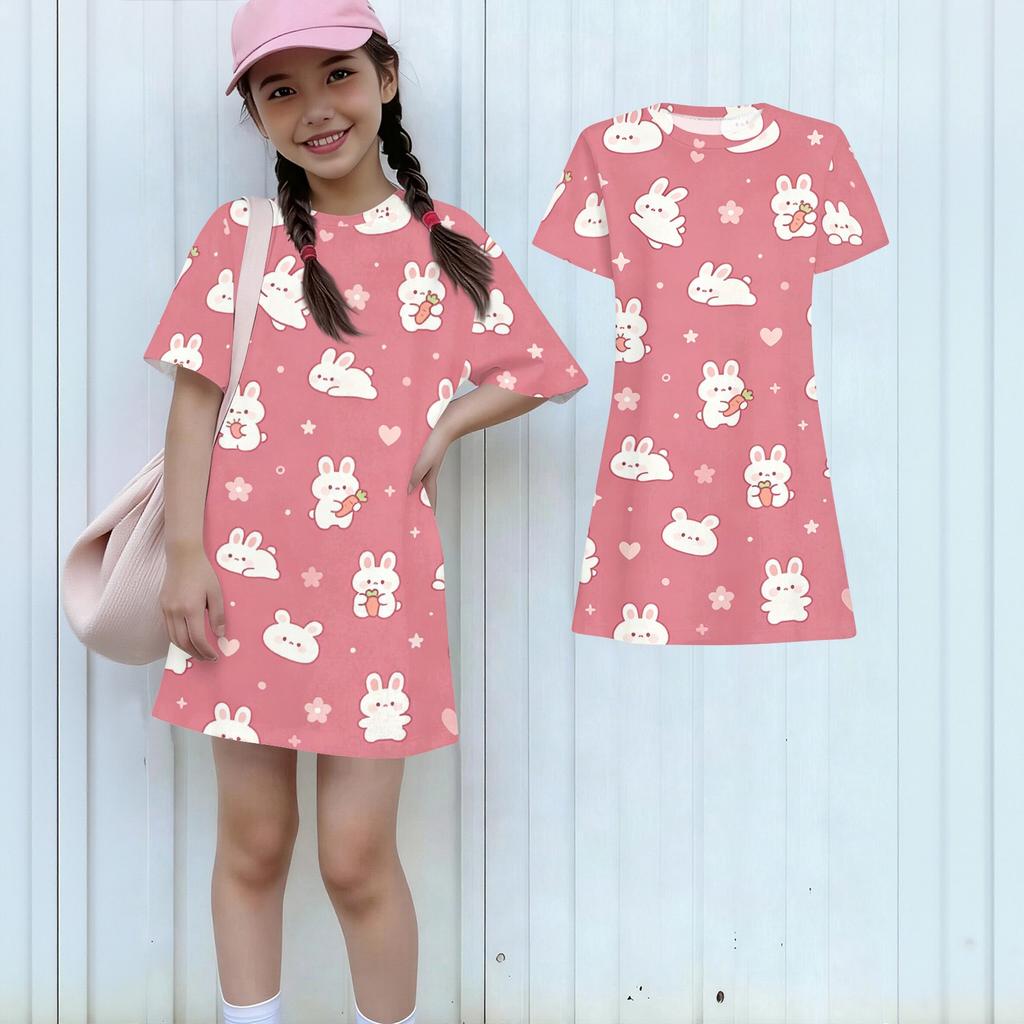 Girls Loose Fit Short Sleeve Dress Animal Print Lightweight Summer Dress Kids Casual Round Neck Dress for Children