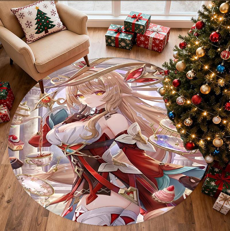 Genshin Impact Pattern Round Rug, Indoor/Outdoor Mat, for Picnic, Gameroom, Bedroom, Office, Living Room, Home Decor Carpet, Birthday Gift