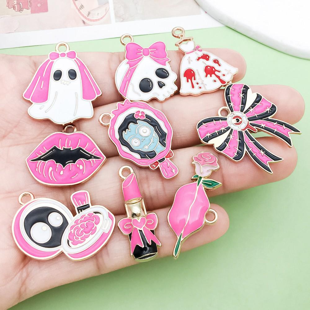 Set of 10 Mixed Rose Red and Pink Alloy Skull Pendant Charms for DIY Jewelry