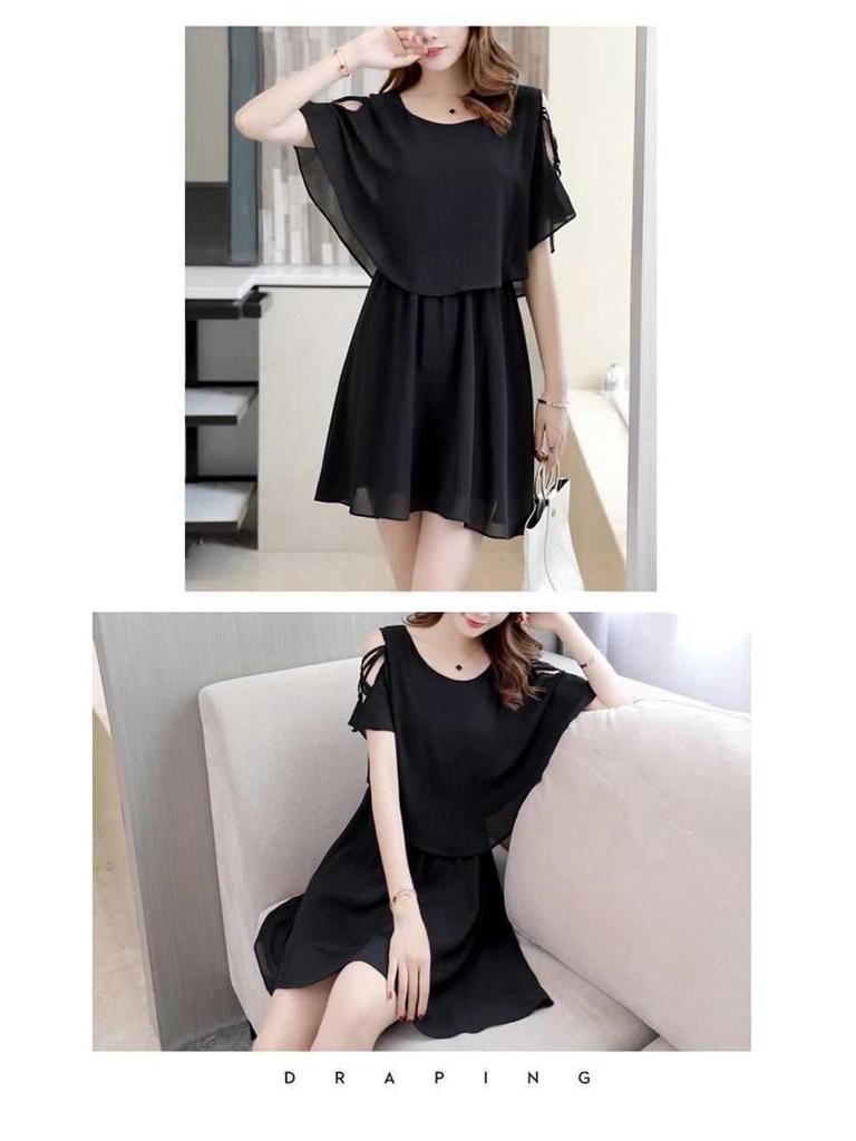 Plus Size Korean Style Chiffon Dress: Mid-Length, Slimming, Belly-Covering, Short Skirt